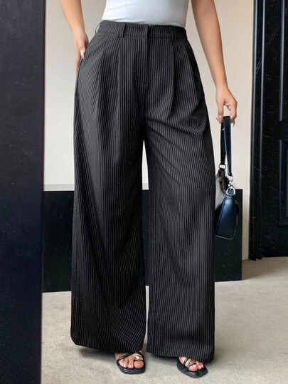 Dazy Plus 大码女式条纹宽松阔腿裤，休闲通勤商务长裤，四季秋季