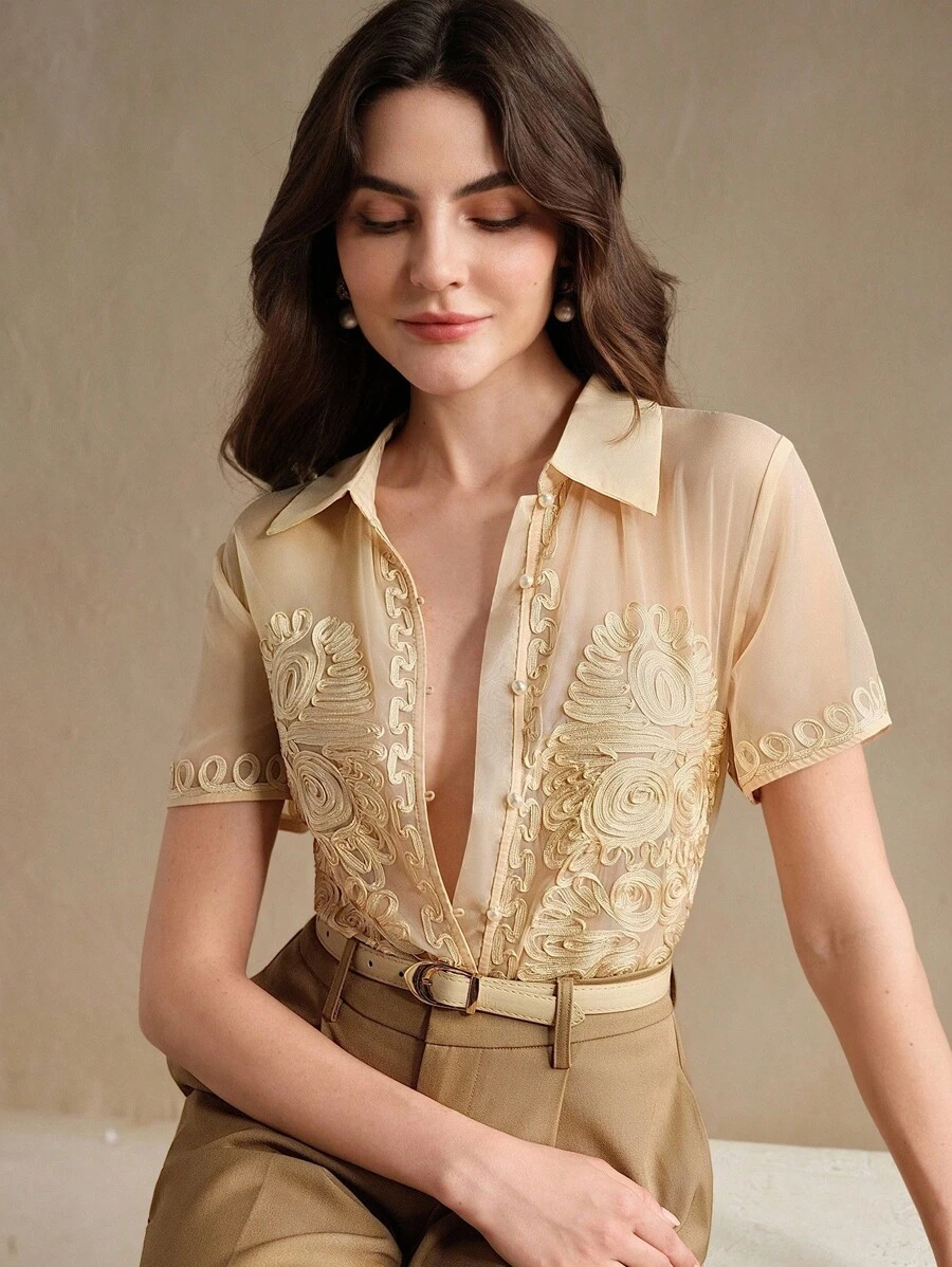 Anewsta Collared Wrap Front Elegant Sexy Short Sleeve Regular Length Casual Blouse