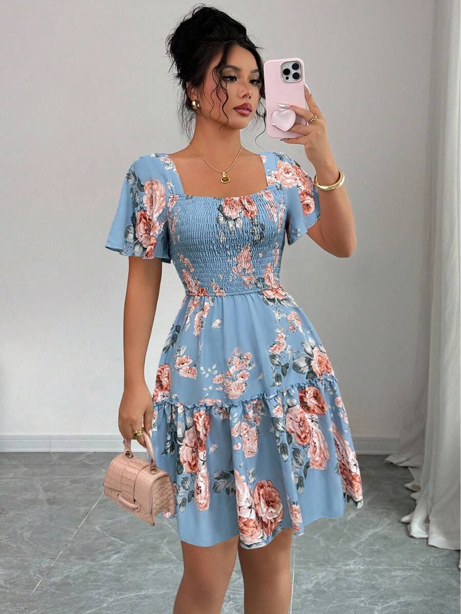 Elenzga 女士夏季优雅花卉印花褶皱连衣裙 - 藍色 - 查看 1