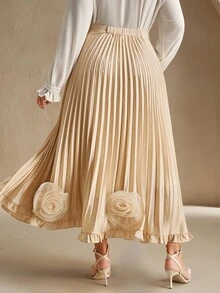 Anewsta Casual Fashion Pleated 3D Floral Decor Plus Size Women Skirt - Champagne - View 2