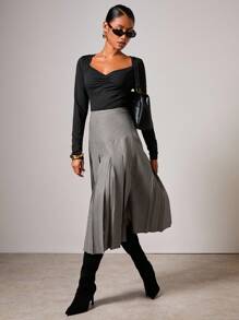 COSMINA 女式全印花百褶开衩优雅半身裙 - 黑與白 - 查看 4