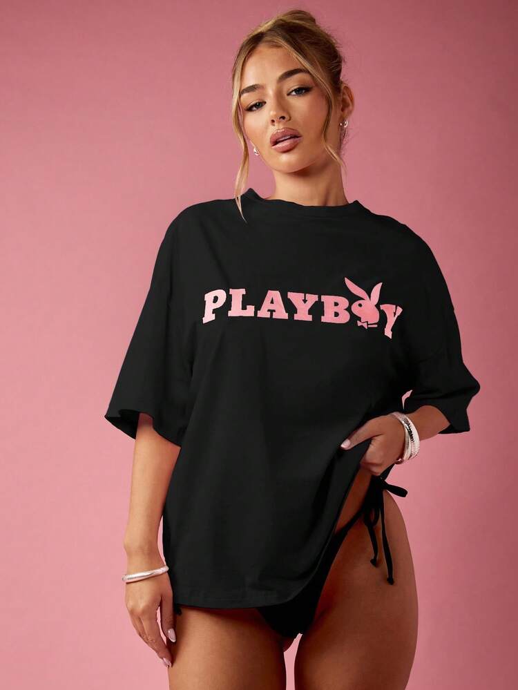 Missguided x Playboy Oversized Graphic Print Cotton T Shirt With Side Slits Bunny Logo Design Statement Tee Casual Streetwear Summer Spring Fashion