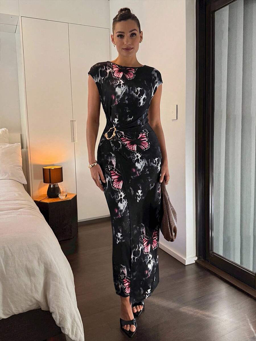 Lavishia Black Leopard Print Elastic Rib Knit Round Neck Short Sleeve Metal Button Decor Waist Fitted Long Dress, Fashionable Influencer Style Sexy Dress - Black - View 1