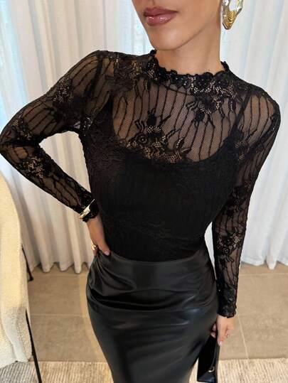Lavishia Women's Lace Patchwork See-Through Stand Collar Long Sleeve Top ,Halloween Customs Women