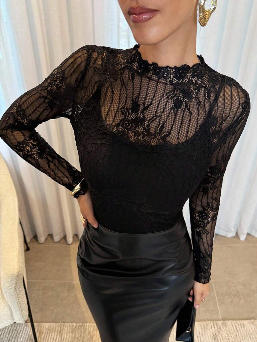 Lavishia Women's Lace Patchwork See-Through Stand Collar Long Sleeve Top ,Halloween Customs Women - Black - View 1