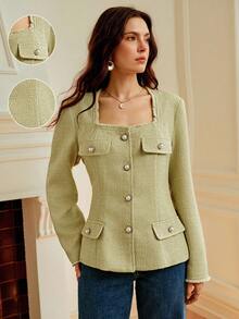 Penseblé Elegant Sage Green Autumn Tweed Long Sleeve Jacket For Women,Faux Pearl Buttons Square Collar Fall Cloth,Suitable For Tea Party,Banquet & Wedding - Green - View 1