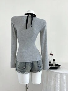 Elamini 女式 T 恤，秋季服装，长袖，色块 - 灰色 - 查看 2