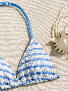 SHEIN 少女新款纯色米色比基尼套装，简约沙滩度假泳装 - 藍色 - 查看 3