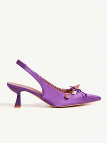 CUCCOO CHICEST Giày cao gót mũi nhọn thanh lịch dành cho nữ với họa tiết hoa hồng 3D, điểm nhấn nơ, gót nhọn, chất liệu satin, thích hợp cho những dịp trang trọng, tiệc tùng, hẹn hò, trà chiều, Halloween, màu tím - Màu tím - Xem 7