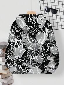 SHEIN 青少年男孩休闲简约卡通图案落肩卫衣，适合秋冬季