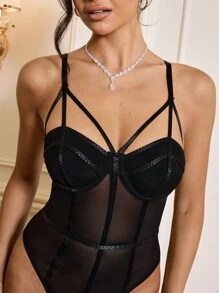 Zolique Bộ đồ liền thân có dây đeo spaghetti rỗng gợi cảm với chi tiết lưới bảng điều khiển - màu đen - Xem 2