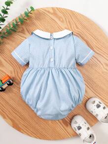 Souflis Souflis Baby Boy's Plaid Patchwork Bodysuit With Peter Pan Collar And Car Embroidery - Blue - View 3
