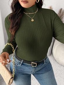 SHEIN Frenchy 女式加大码修身高领罗纹面料长袖T恤，百搭优雅 - 墨綠色 - 查看 4