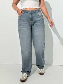 EURMUSE 100%Cotton Plus High Waist Straight Leg Jeans - Light Wash - View 4