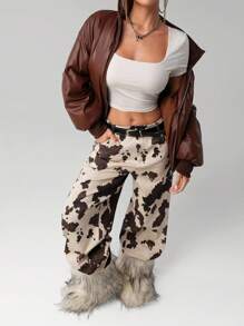 SHEIN ICON 女款牛仔印花直筒宽松阔腿裤，适合西式街头通勤，秋冬