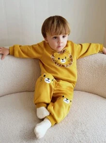 Cozy Pixies 2pcs Baby Boy Cartoon Lion Pattern Soft Knit Pullover Sweatshirt Sweatshirt With Ear Design And Elastic Waist Pants Set - Yellow - View 11