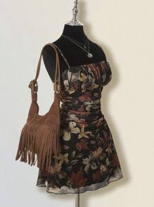 SHEIN ICON Women's Vintage Maple Leaf Print Pleated Mini Dress, Suitable For Summer Vacation, Back To School Clothes Floral Print Dress Butterfly Print Dress,Party Dress Fall Dress Autumn Dress Earth Tone Dress