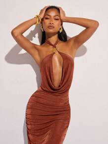 COSMINA Sultry Sleeveless Long Dress In Knitted Fabric With Split Thigh And Halter Neckline