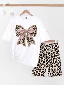 SHEIN 多色短袖两件套服装，完美搭配时尚休闲装豹纹两件套女式短套装两件套女式短袖猎豹印花服装女式 2 件套女式短套装 - 彩色 - 查看 4