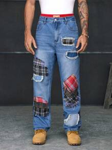 AXEPEAK Herren Patchwork Karomuster Taschen Gerade Loose Lässig Vielseitige Jeans