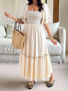 Vionelle Plus Size Square Neck Boho Beach Vacation Black Contrast Embroidery Ruffle Hem Dress - Apricot - View 3