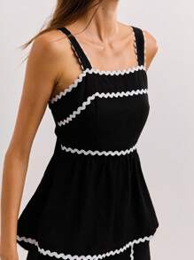 Nöista Women's Black And White Two Pieces Set,Elegant Peplum Hem Contrast Top & Matching Shorts With Pockets,Summer Vacation Holiday Luxury Party Clothing - Black - View 3