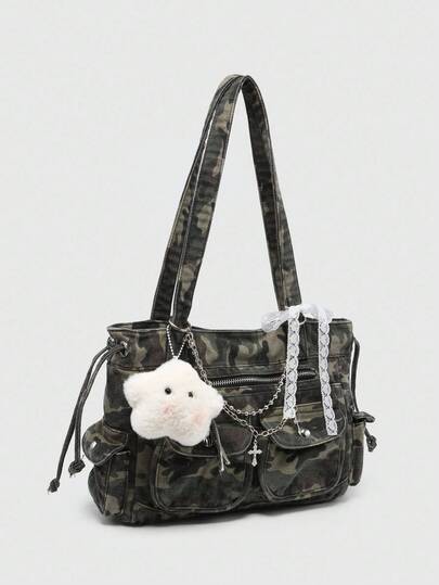 Kawaii Women's Vintage Distressed Ombre Camouflage Cross & Heart Pendant Decor Bowknot Strap Shoulder Tote Bag, Large Capacity One Shoulder Bag With Multiple Pockets