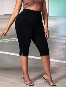 SHEIN CURVE+ Pantalones vaqueros capri ajustados de estilo vaquero para mujer de talla grande, pantalones cortos para montar en invierno - Negro - Ver 1