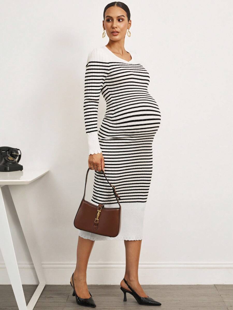 MaterniWear Office,Business Casual Woman,Fall Clothes,Autumn Clothes,Maternity Autumn Clothes Maternity Striped V-Neck Long Sleeve Fitted Knit Dress - Black and White - View 1