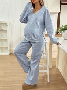 SHEIN 秋季服装，秋季服装，孕妇装 秋冬服装 孕妇装 2 件套 孕妇休闲纯色侧开衩连帽衫和运动裤套装，秋冬孕妇装两件套 两件套休闲套装 孕妇休闲服 舒适两件套女式休闲套装 孕妇装两件套 孕妇休闲套装 两件套女式舒适两件套 灰色两件套 两件套休闲套装女式休闲套装 - 灰色 - 查看 5