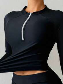 Swim SPRTY Women's Summer Zip-Up Long Sleeve Rash Guard & Drawstring Shorts Swimsuit Set, Black, Suitable For Surfing, Beach