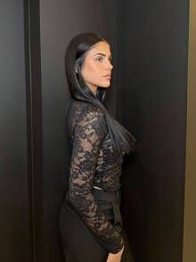 Lucia Bellido Women's Lace Elastic 3328 Peony Floral See-Through Sexy Top (Random Cut) - Black - View 6