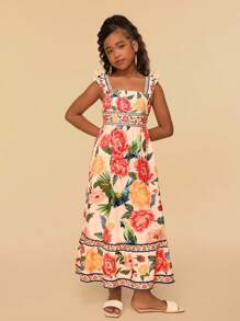 SHEIN 少女花卉印花优雅无袖连衣裙，夏日假期