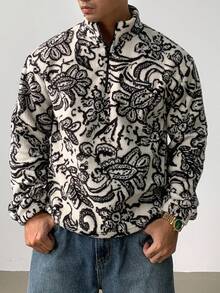 DAZY 男士保暖内衬花卉图案羊羔绒套头衫，带拉链，秋冬季四分之一拉链款 - 彩色 - 查看 4