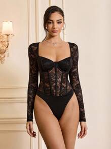 Glamine Charm Bộ đồ liền thân ren vá màu trơn cổ tim gợi cảm trong suốt có tay dài dành cho nữ - màu đen - Xem 3