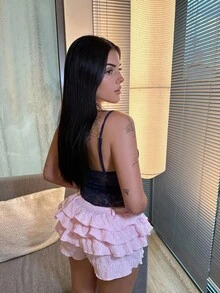 Lucia Bellido Camiseta sin tirantes transparente de encaje en color liso de verano, sensual - Azul Marino - Ver 5
