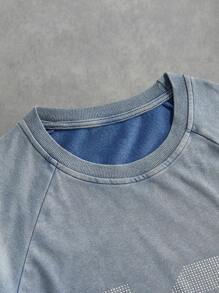 ROMWE MEN Prep Men's Sparkling Diamond Number Print Washed Short Sleeve T-Shirt, Loose Crop Top - Blue - View 5