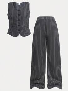 SHEIN Conjunto de 2 piezas con blazer sin mangas de cuello cuadrado a rayas y pantalones de pierna ancha para niña preadolescente - Gris Oscuro - Ver 15