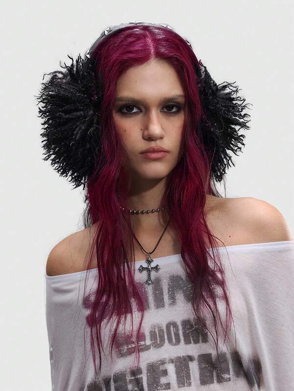 ROMWE Grunge Punk 1pc Cute Solid Color Plush Star Studded Earmuffs, Punk Y2K Style Thick Faux Fur Black Earmuffs, Foldable Winter Warm Earmuffs