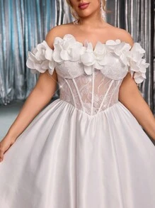 SHEIN Belle Plus Size Autumn Elegant Romantic Gorgeous White Sequin Embroidery Satin One Shoulder 3D Three-Dimensional Flower Design With Fishbone Palace Waist Section Puffy Skirt Suitable For Dinner Party Bachelorette Party Date Dance Vacation Homecoming Season Birthday Graduation Season Wedding Event Bridal Gift Dress Formal Dresses For Wedding Guest - White - View 1