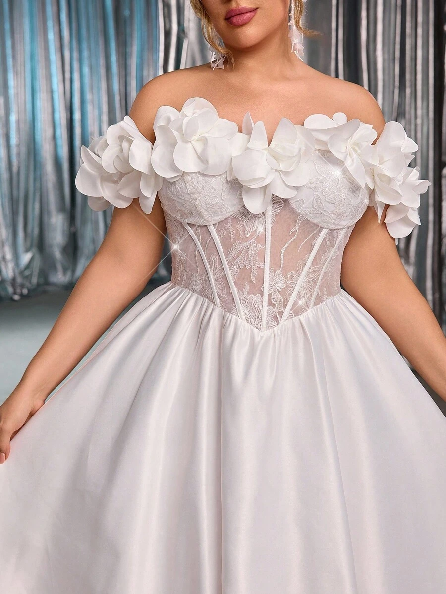 SHEIN Belle Plus Size Autumn Elegant Romantic Gorgeous White Sequin Embroidery Satin One Shoulder 3D Three-Dimensional Flower Design With Fishbone Palace Waist Section Puffy Skirt Suitable For Dinner Party Bachelorette Party Date Dance Vacation Homecoming Season Birthday Graduation Season Wedding Event Bridal Gift Dress Formal Dresses For Wedding Guest - White - View 1