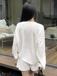 Livesso Women's Summer Long Sleeve Loose Top And Shorts 2 Pieces Set Lounge Sets For Women - White - View 2