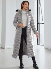 SHEIN Cottnline 女款純色連帽拉鍊襯墊大衣 - 灰色 - 查看 1