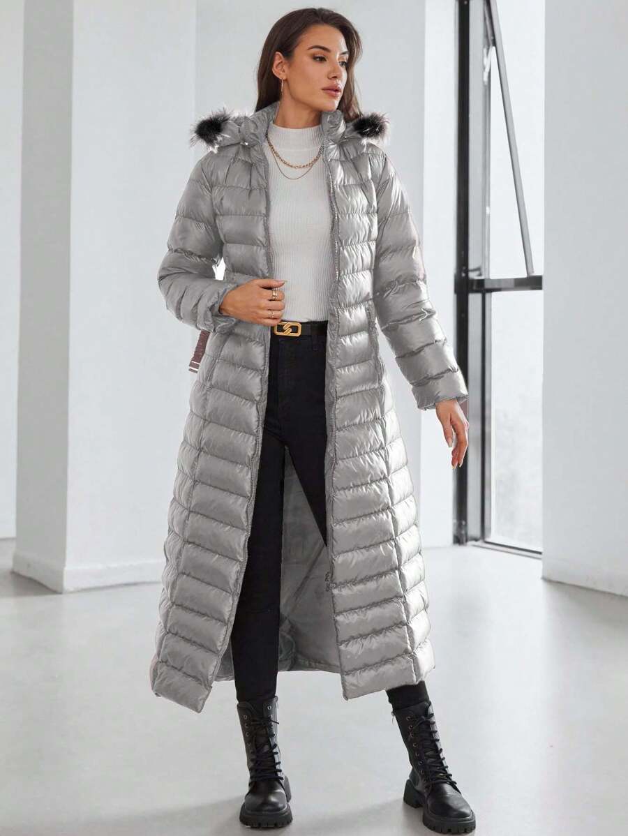 SHEIN Cottnline 女款純色連帽拉鍊襯墊大衣 - 灰色 - 查看 1