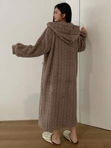 Dazy Plus Plus Size Women's Textured Flannel Hooded Fluffy Robe, Thick Warm Sleepwear For Winter,Thermal Lined, Fall, Cozy