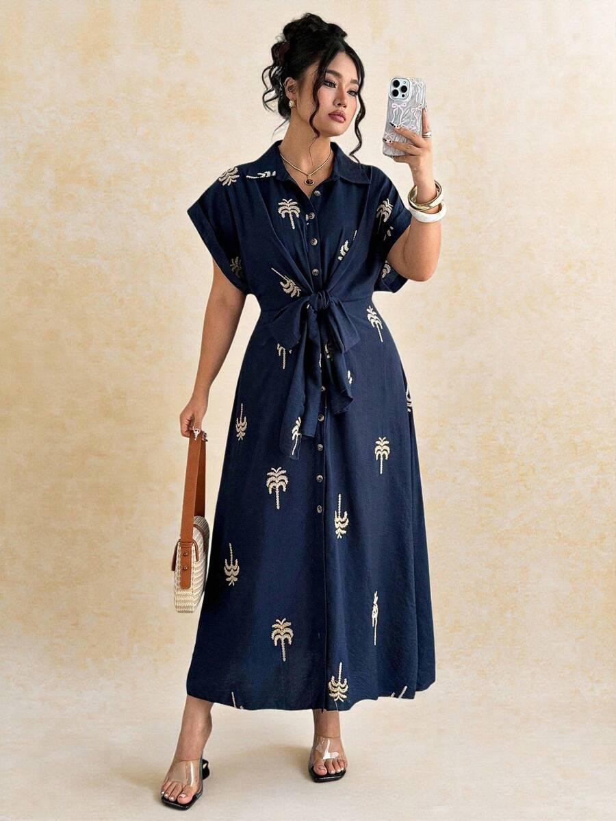 Franclia Robe mi-longue romantique pour vacances en tissu tressé avec broderie, col montant et ceinture à nouer, pour femmes de grande taille