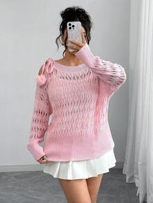 Elenzga Suéter de punto de manga larga con hombros descubiertos, cordones y calado, talla grande - Rosa - Ver 1