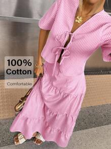 Siren Gaze 女士条纹系带短袖衬衫和荷叶边半裙休闲两件套夏季粉色 - 粉色 - 查看 1