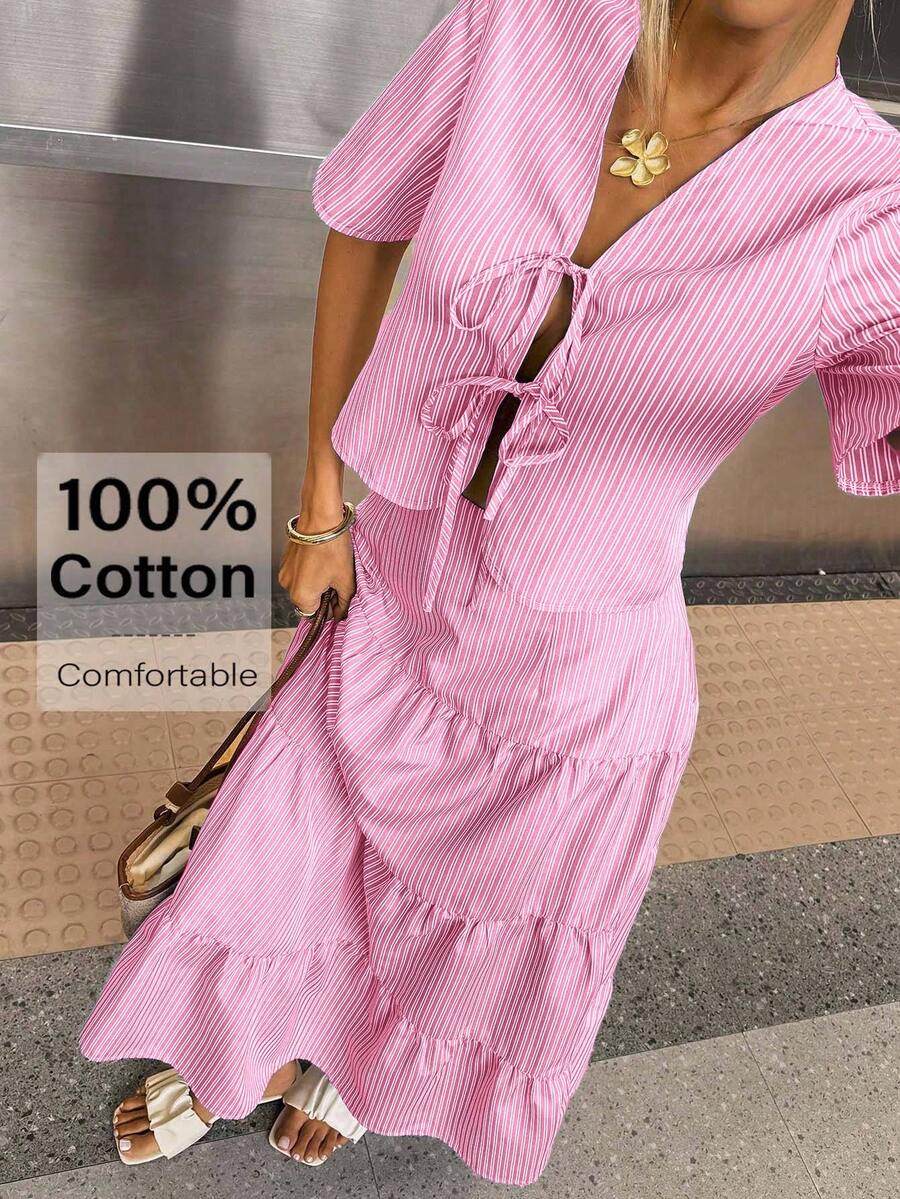 Siren Gaze 女士条纹系带短袖衬衫和荷叶边半裙休闲两件套夏季粉色 - 粉色 - 查看 1