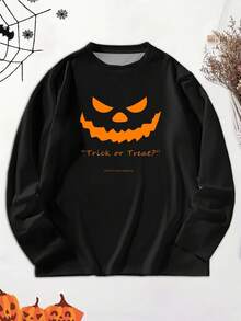 Manfinity Homme 男士万圣节南瓜脸印花圆领长袖 T 恤，秋季男士万圣节衬衫，不给糖就捣蛋衬衫，杰克 O 灯衬衫，万圣节角色扮演派对装 - 彩色 - 查看 3